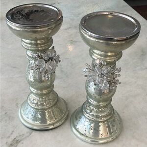 Mercury Glass Candle Holders with Crystal Accent - Silver